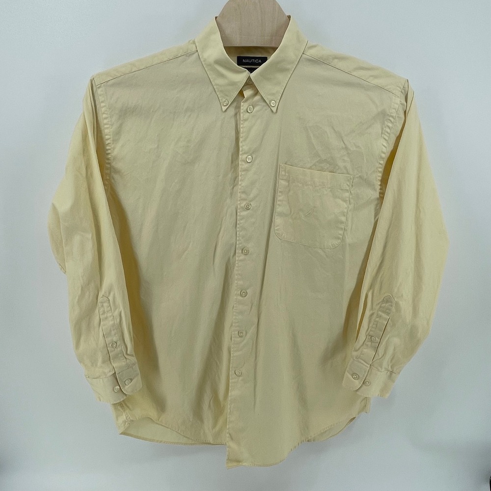 Nautica Mens Yellow 2 Ply Cotton Button Down Shirt Size 17 34/35 Long Sleeve - Picture 2 of 13